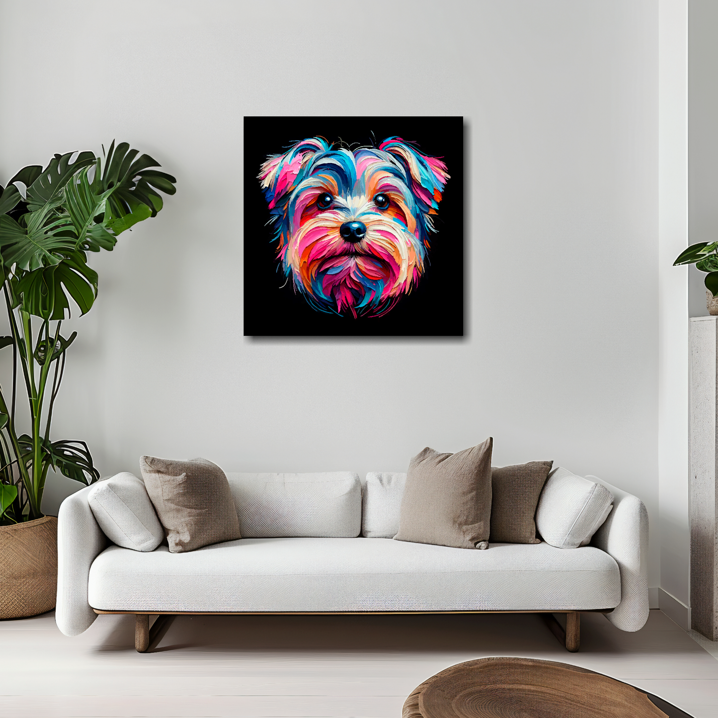 Yorkiepoo canvas 20x20 inches above white sofa - vibrant dog portrait wall art UK