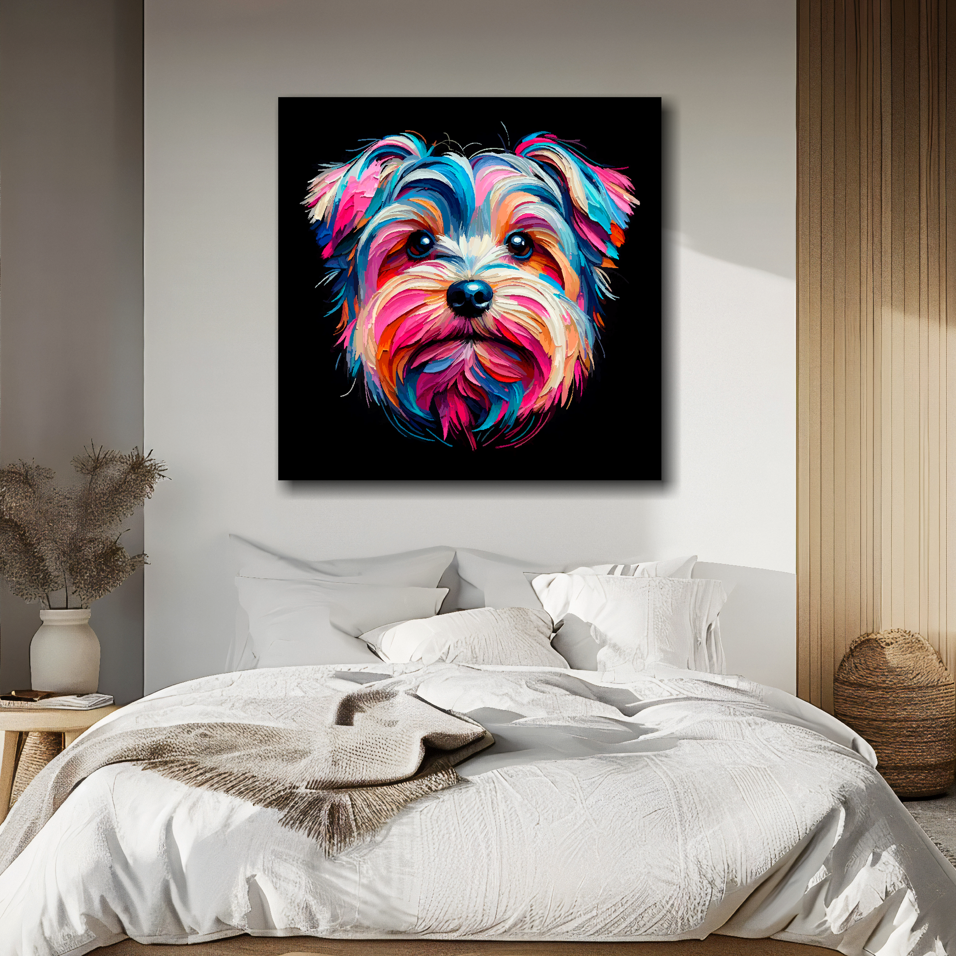 Yorkiepoo portrait canvas above bed - colourful dog wall decor for UK bedrooms