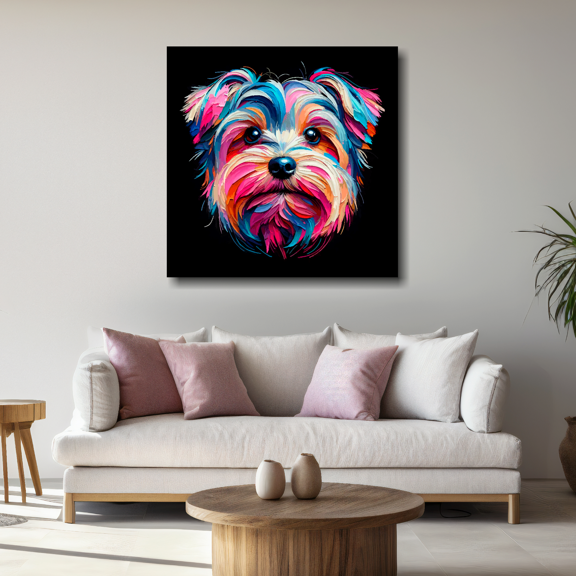 Large Yorkiepoo canvas above white sofa - vibrant abstract dog portrait wall art UK