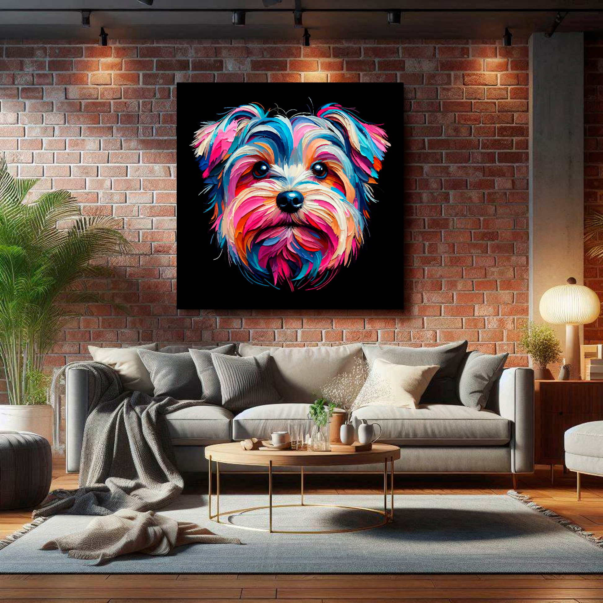 Extra Large Yorkiepoo canvas on brick wall above grey sofa - bold dog portrait UK living room