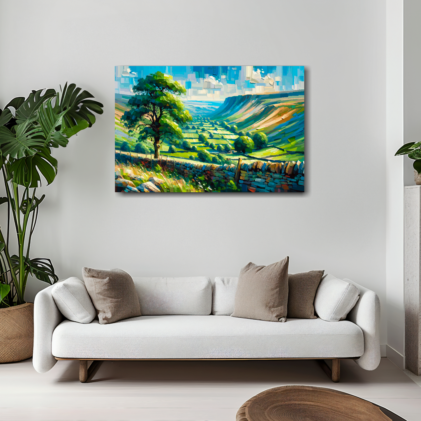 Yorkshire Dales canvas 30x20 inches above white sofa - vibrant UK national park wall art
