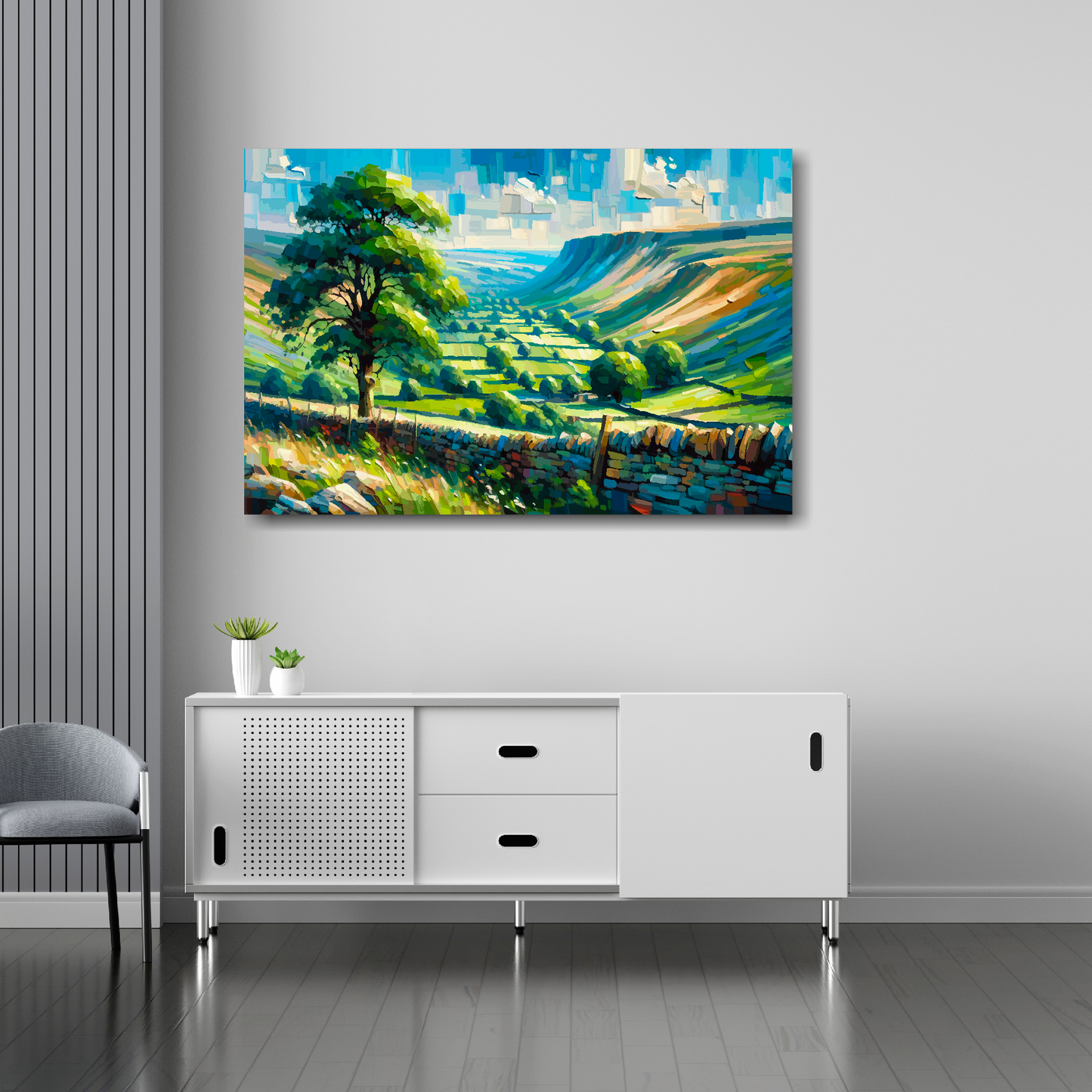 Yorkshire Dales canvas 36x24 inches above sideboard - large colourful UK national park art made in Britain