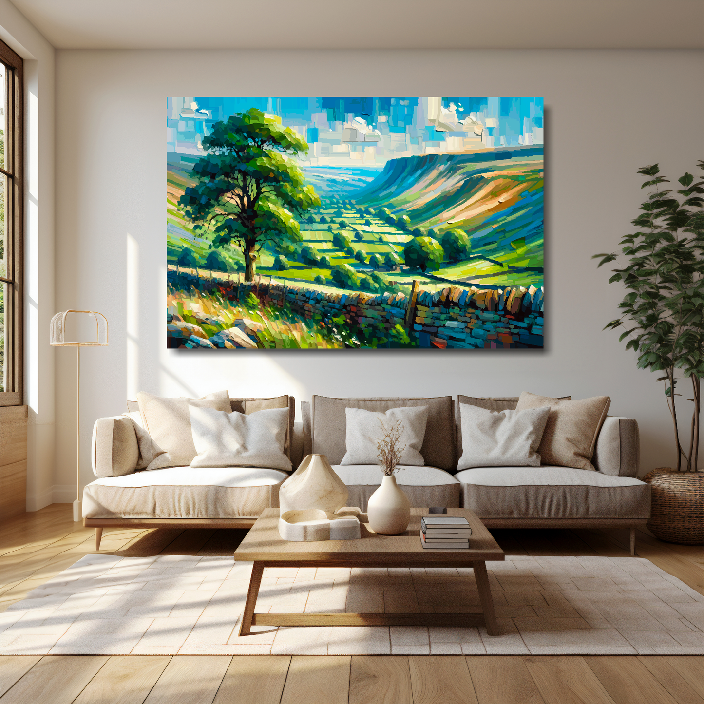 Yorkshire Dales canvas 60x40 inches above cream sofa - XL vibrant UK national park wall art