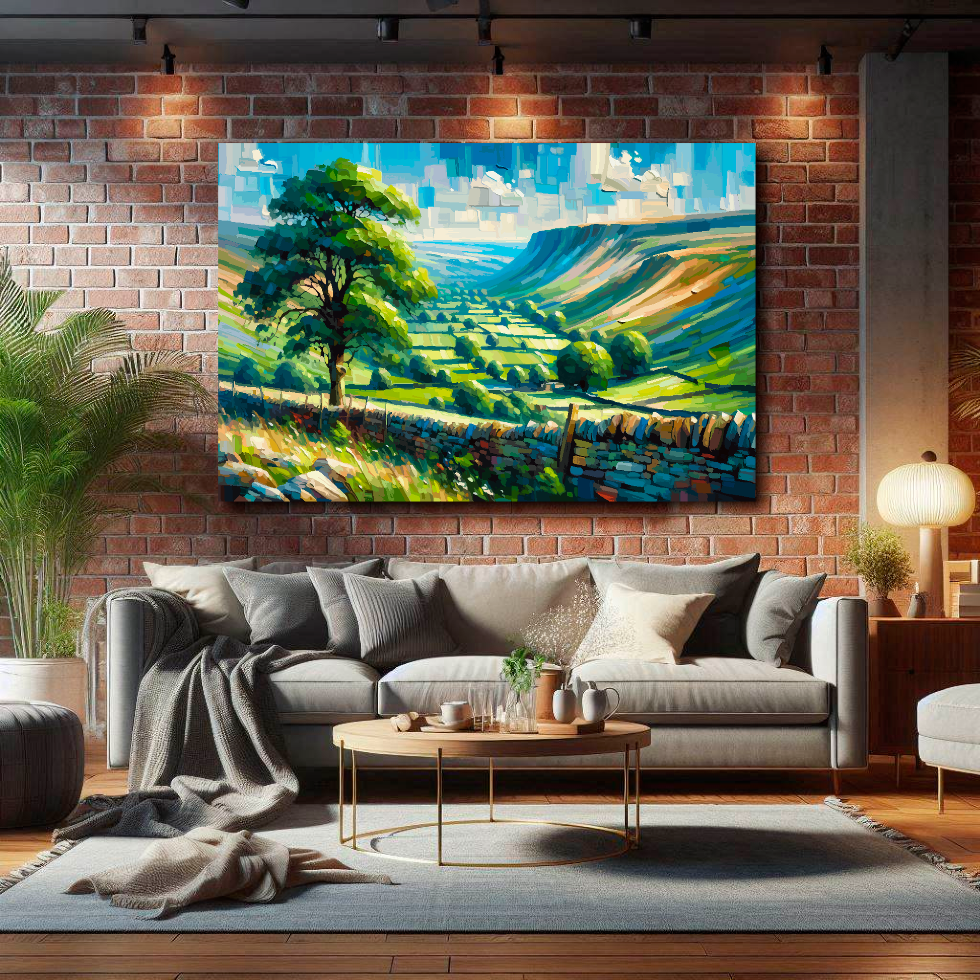Large Yorkshire Dales canvas on brick wall above grey sofa - UK national park art living room
