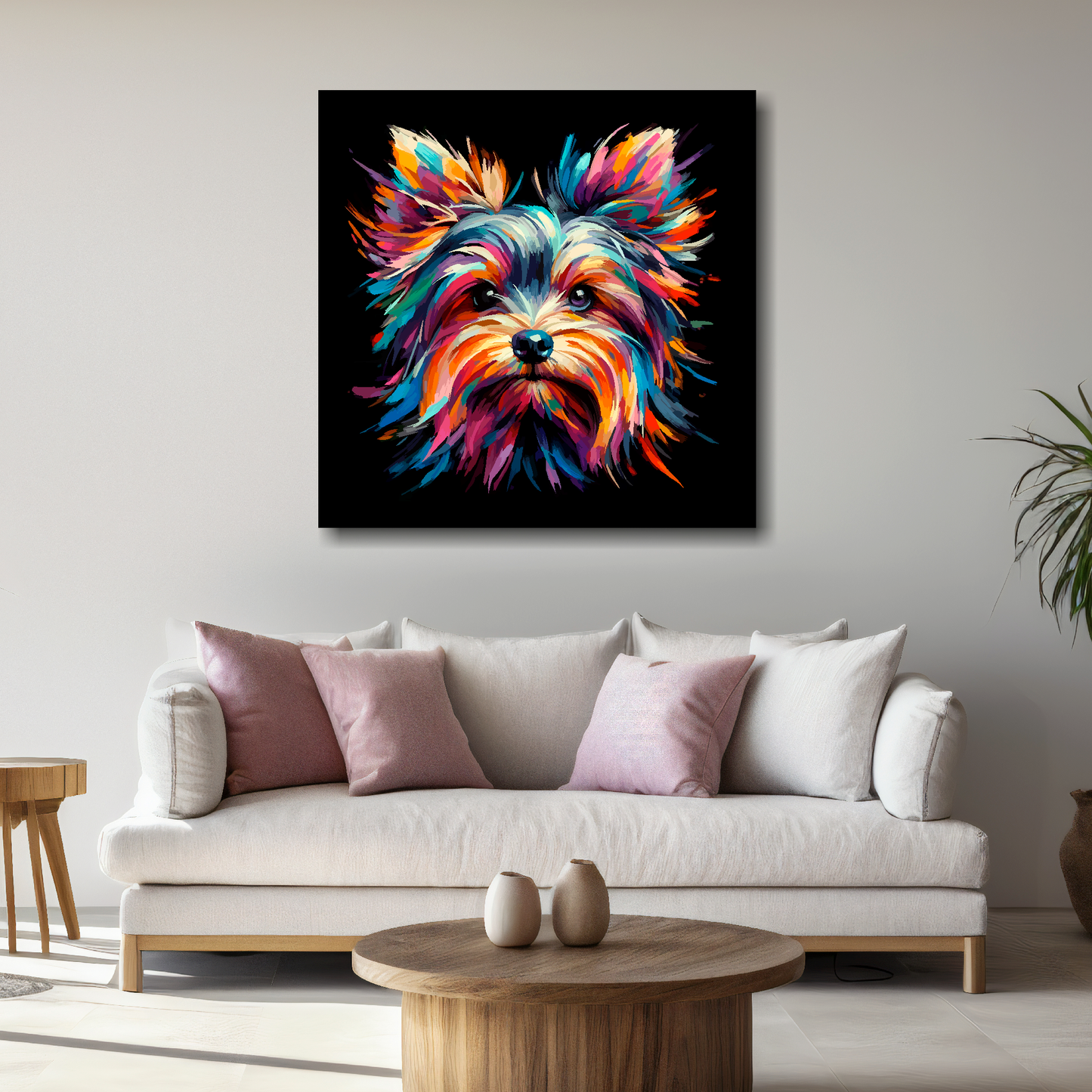 Large Yorkshire Terrier canvas above white sofa - vibrant abstract dog portrait wall art UK