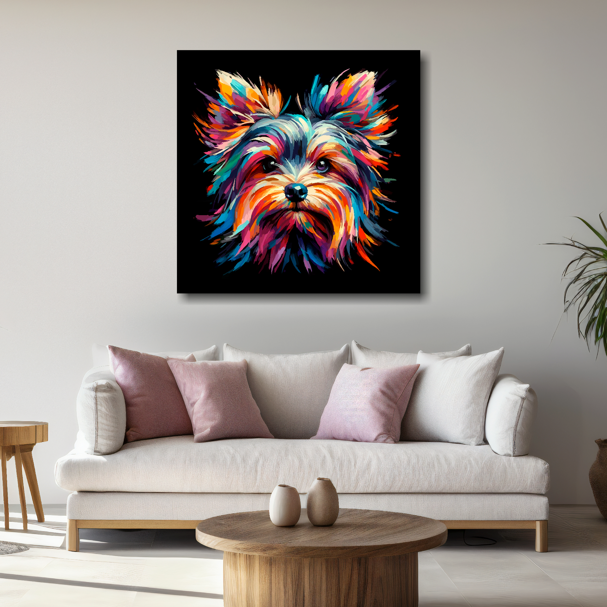 Large Yorkshire Terrier canvas above white sofa - vibrant abstract dog portrait wall art UK