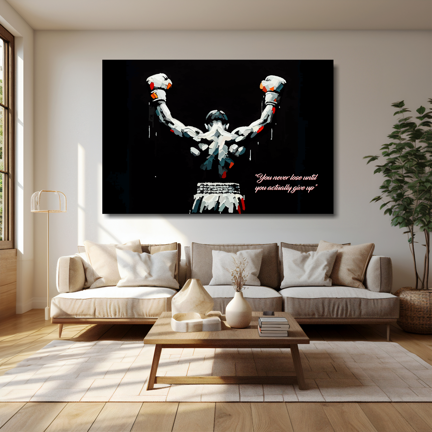 You never lose canvas 60x40 inches above cream sofa - XL vibrant motivational wall art UK
