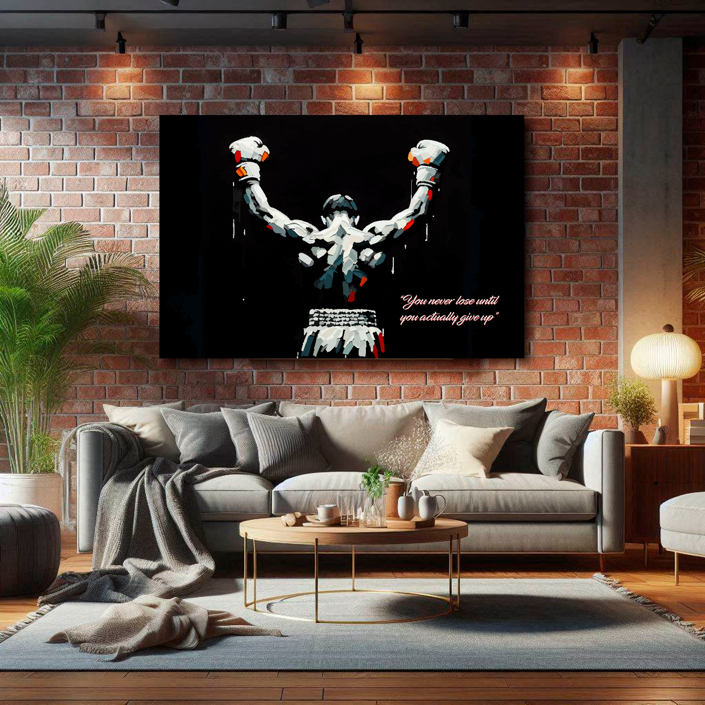 Large you never lose canvas on brick wall above grey sofa - bold motivational art UK living room