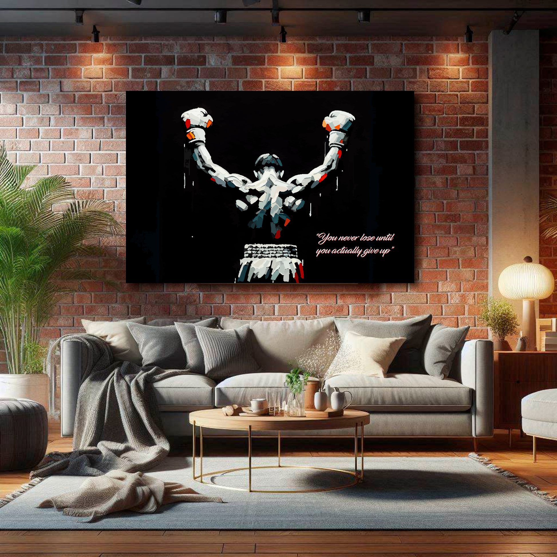 Large you never lose canvas on brick wall above grey sofa - bold motivational art UK living room