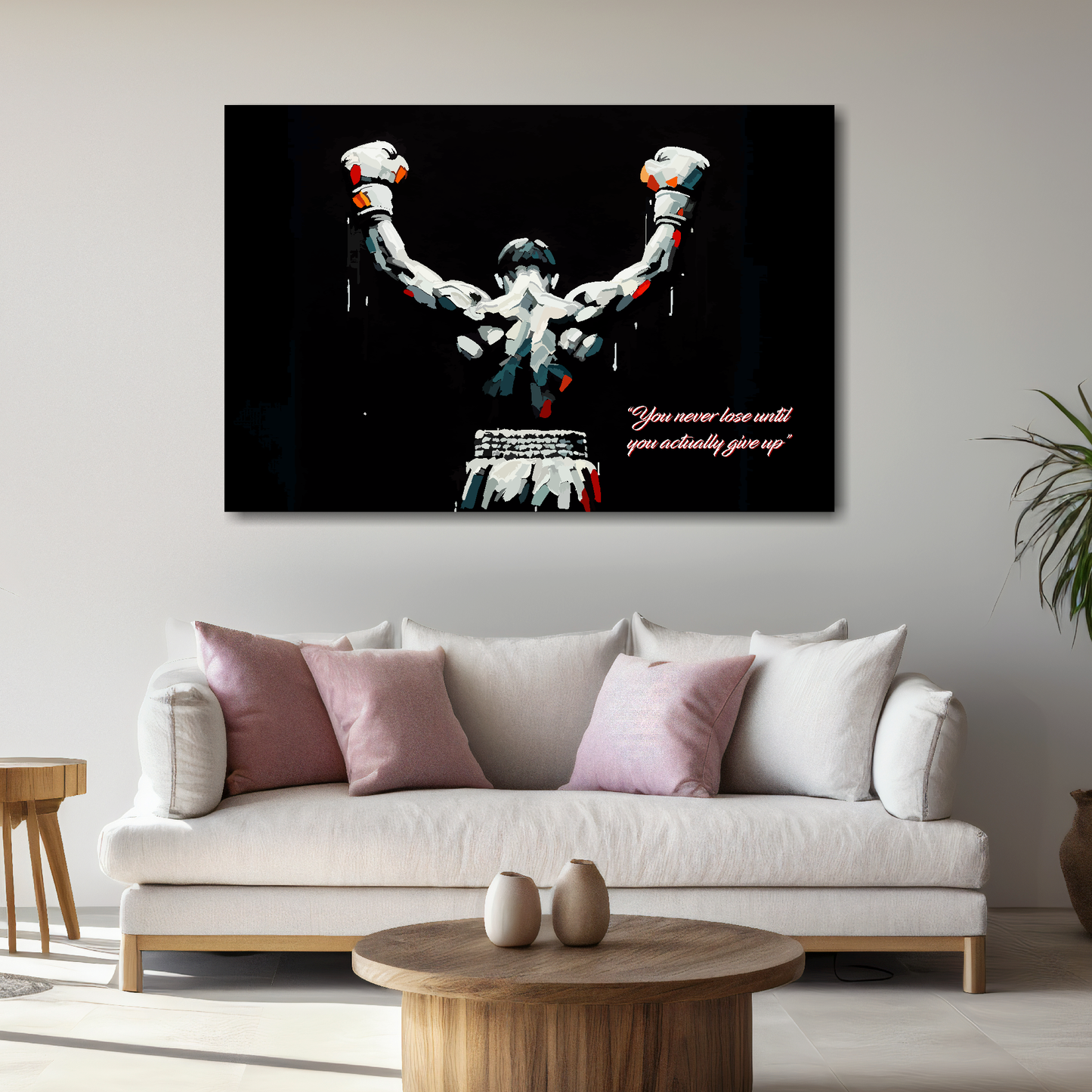 Large you never lose canvas on brick wall above grey sofa - bold motivational art UK living room