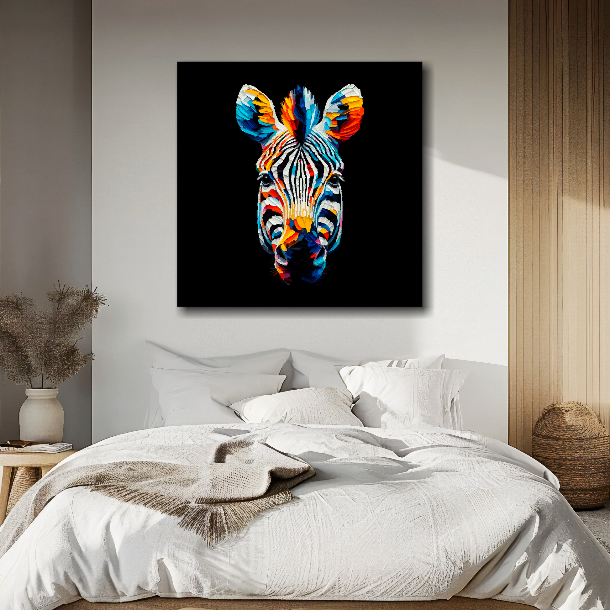 Zebra portrait canvas above bed - colourful wildlife wall decor for UK bedrooms