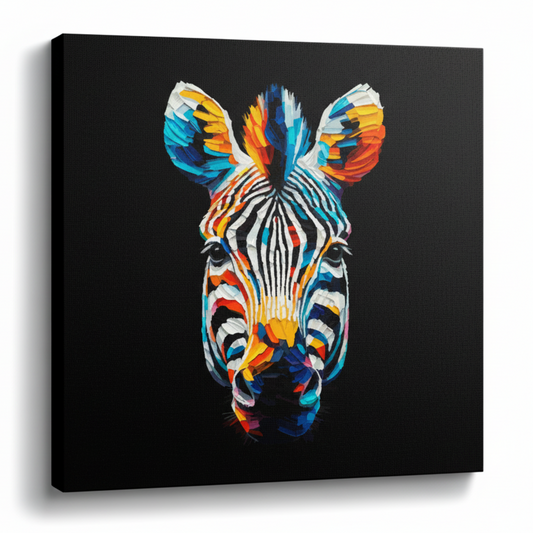 Colourful Zebra wildlife portrait canvas print - UK made abstract animal wall art black background
