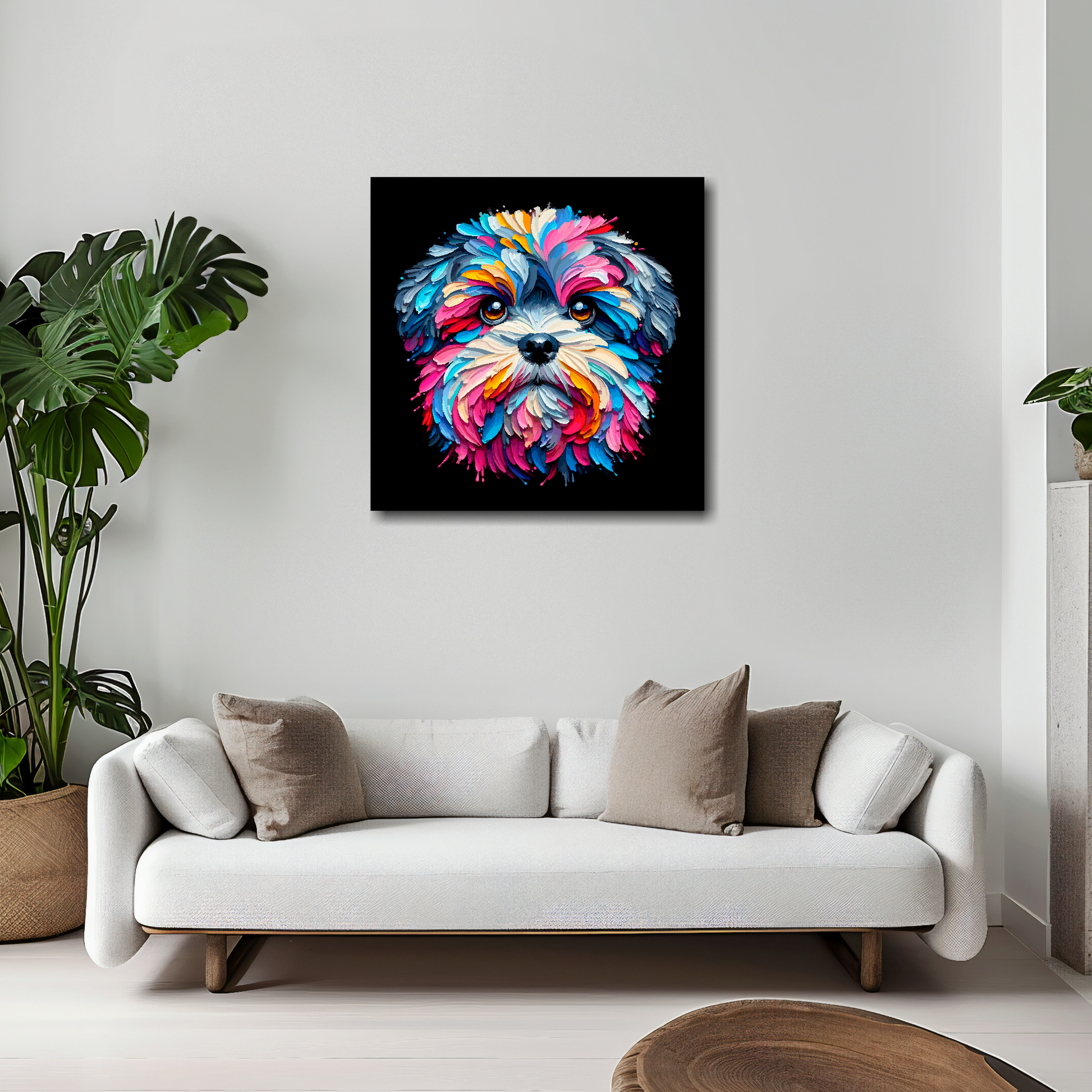 Zuchon canvas 20x20 inches above white sofa - vibrant dog portrait wall art UK