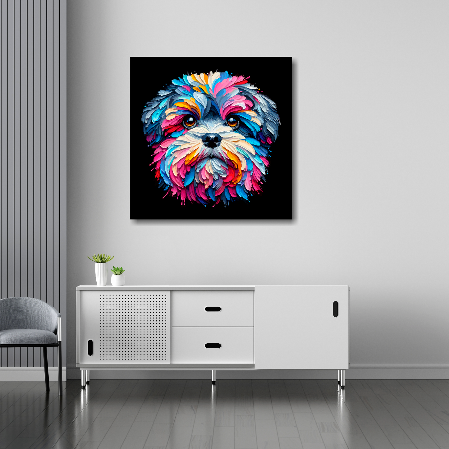 Zuchon canvas 30x30 inches above sideboard - large colourful dog portrait UK made