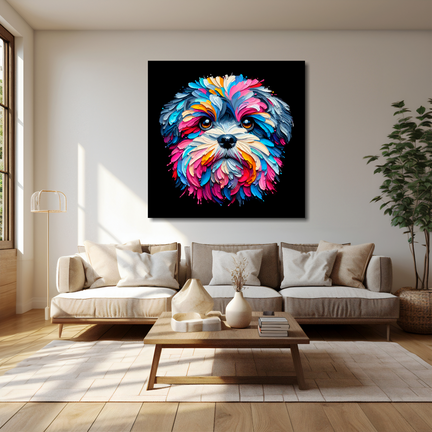 Zuchon canvas 40x40 inches above cream sofa - XL vibrant dog wall art UK