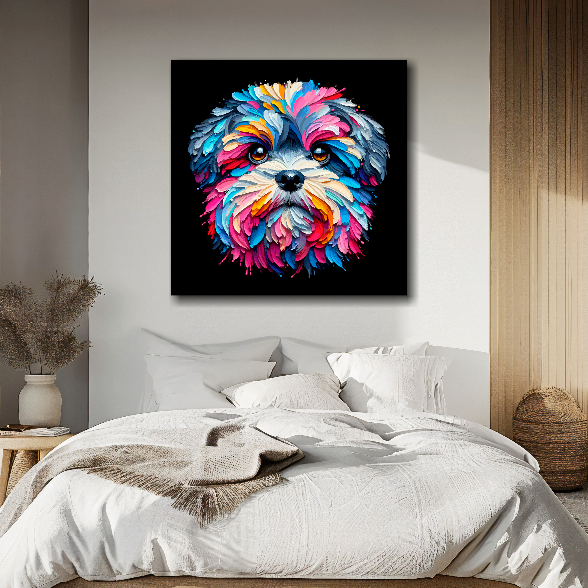 Zuchon portrait canvas above bed - colourful dog wall decor for UK bedrooms