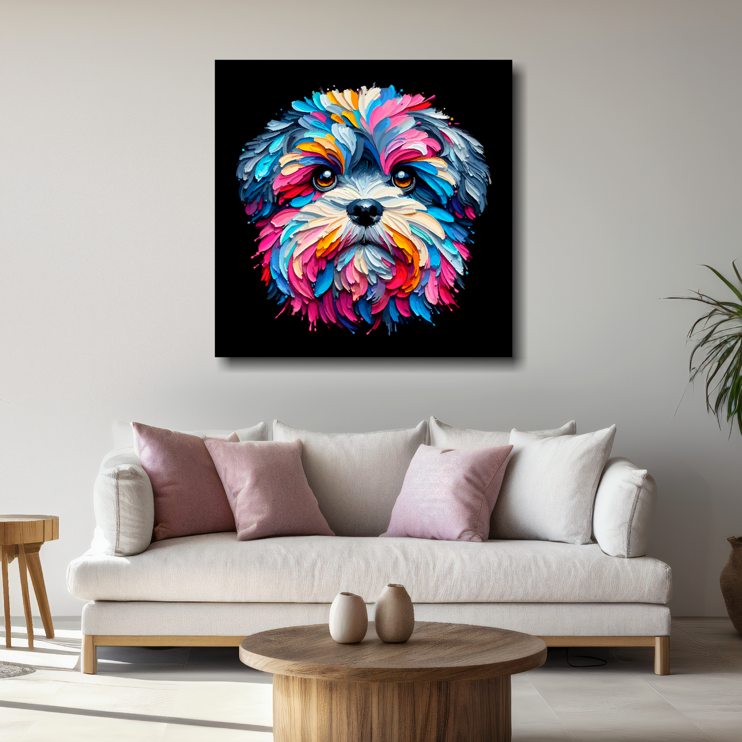 Large Zuchon canvas above white sofa - vibrant abstract dog portrait wall art UK