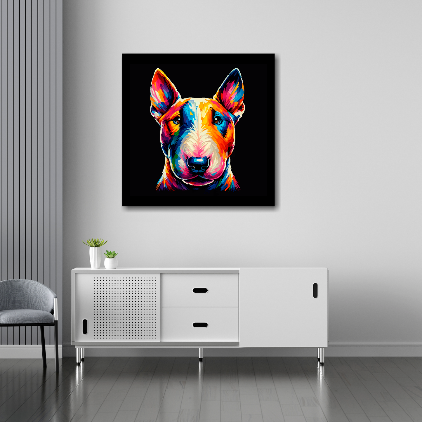 Bull Terrier canvas 30x30 inches above sideboard - large colourful dog portrait UK made