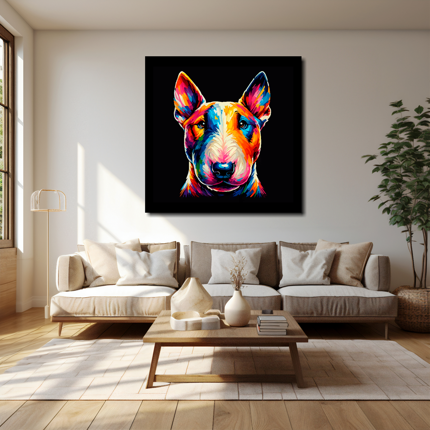 Bull Terrier canvas 40x40 inches above cream sofa - XL vibrant dog wall art UK