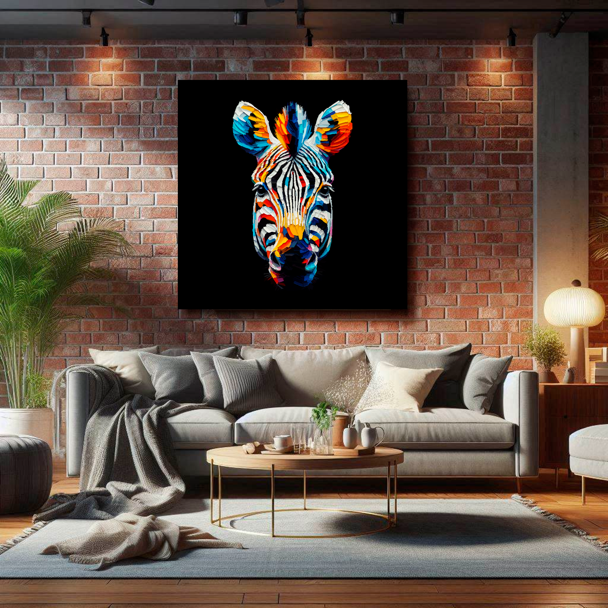 Large Zebra canvas on brick wall above grey sofa - bold wildlife portrait UK living room