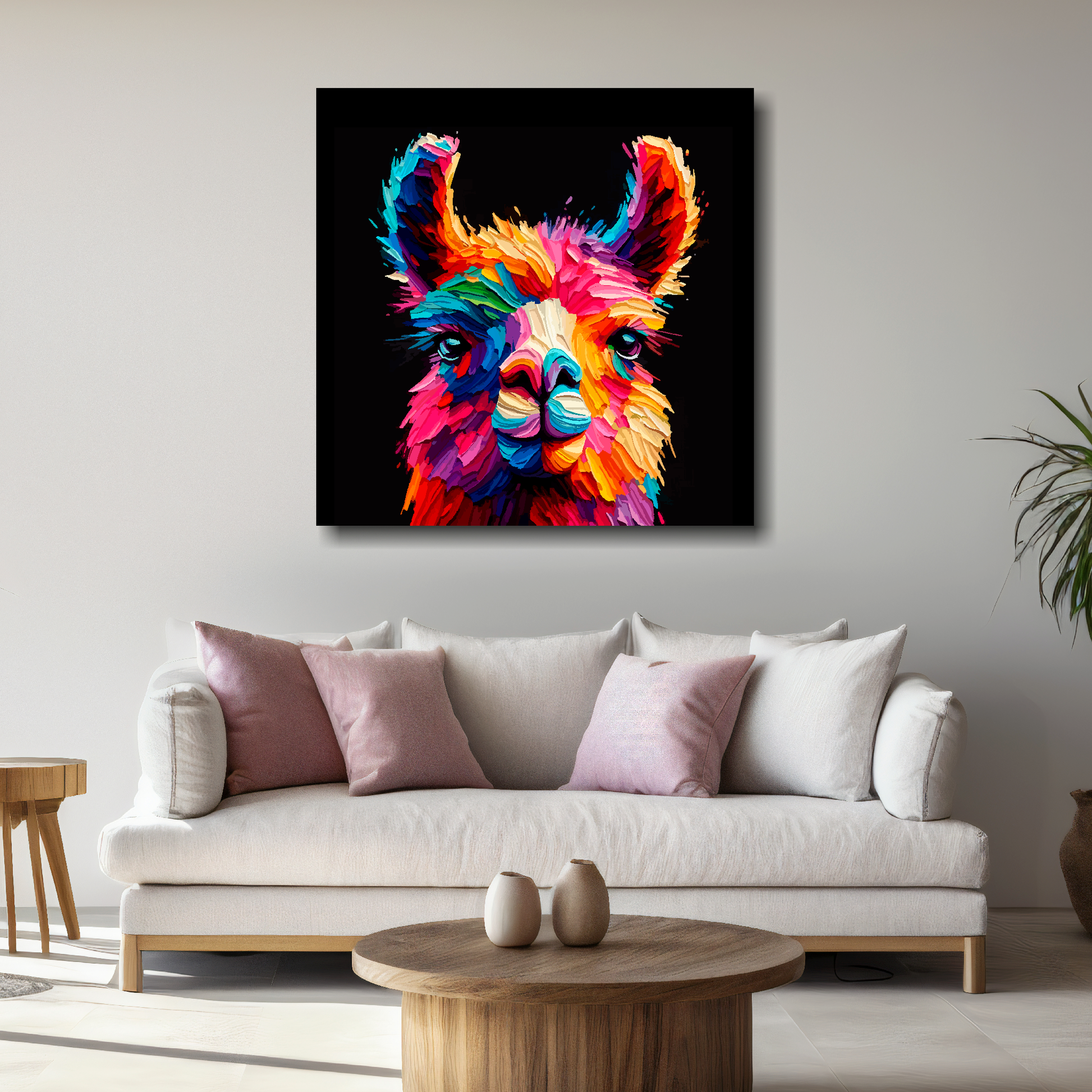 Large Llama canvas above white sofa - vibrant abstract farm animal portrait wall art UK