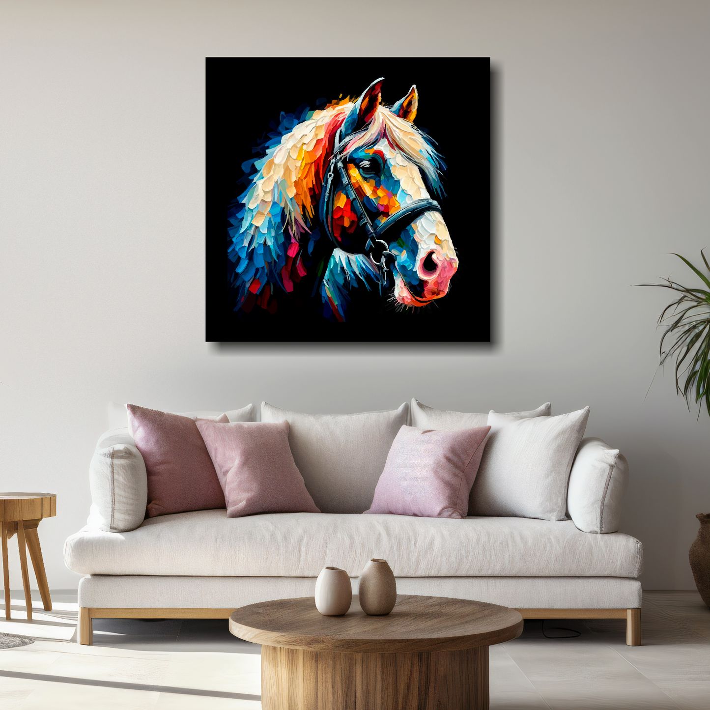 Large Shire Horse canvas above white sofa - vibrant abstract farm animal portrait wall art UK